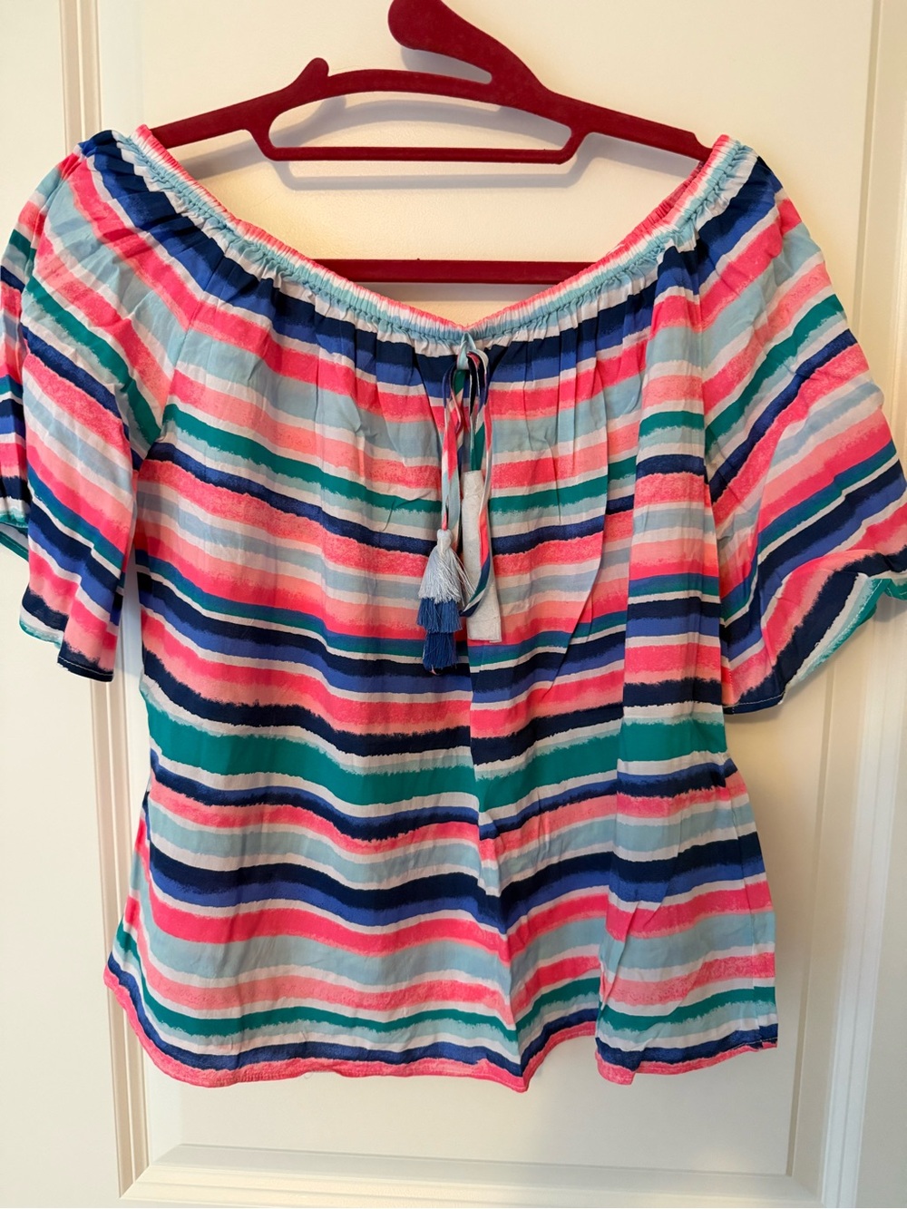 Lilly Pulitzer Striped Off-Shoulder Top in Pink, Blue & Teal